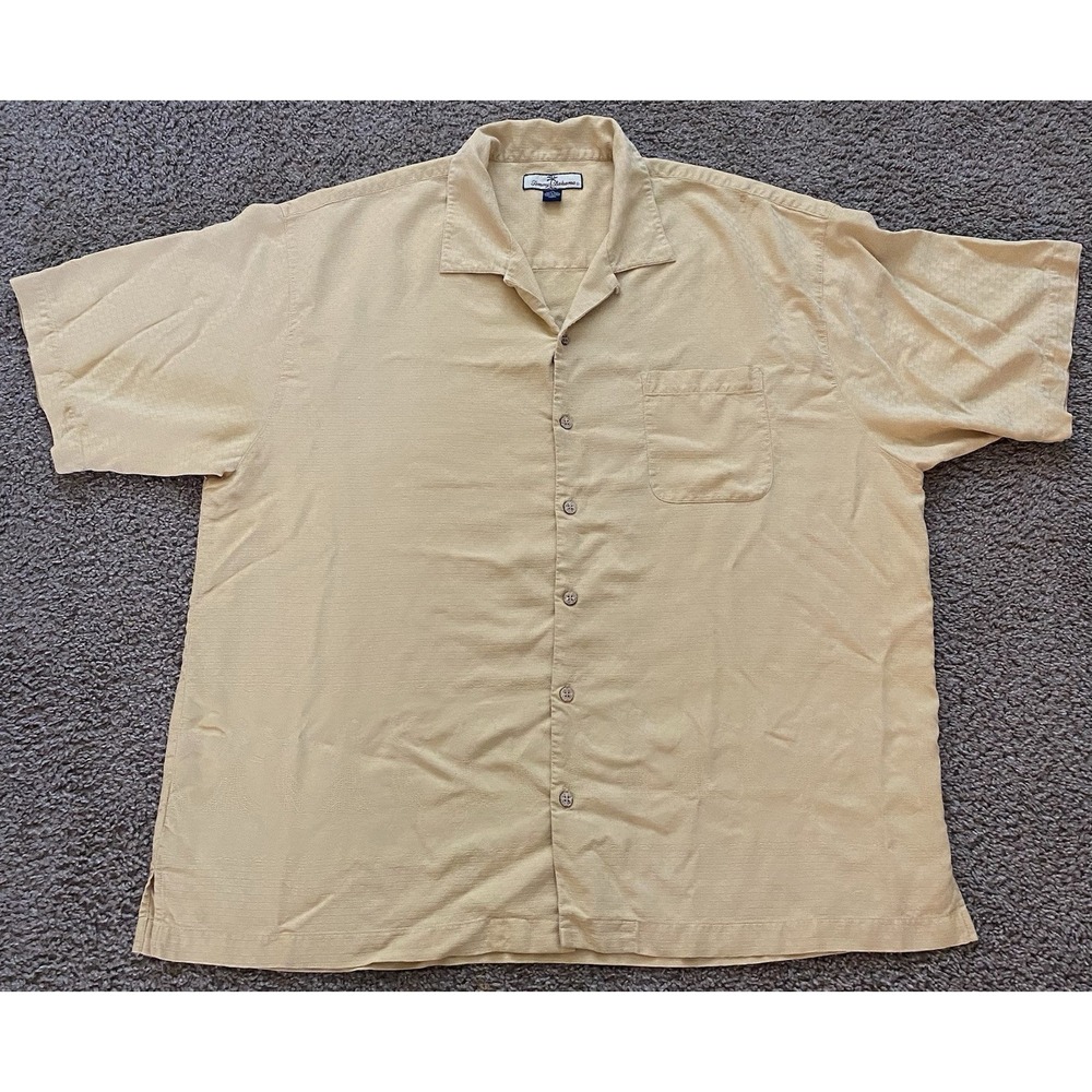 Tommy Bahama Mens Button Up Shirt 100% Silk Embossed Hula Dancers Yellow Sz XXL‎